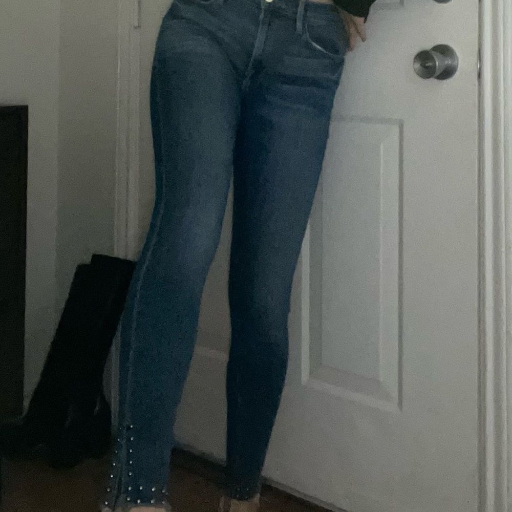 FRAME Le High Skinny Slit Stud Detail Jeans Mid Blue Wash Size 27‎ - Picture 3 of 8